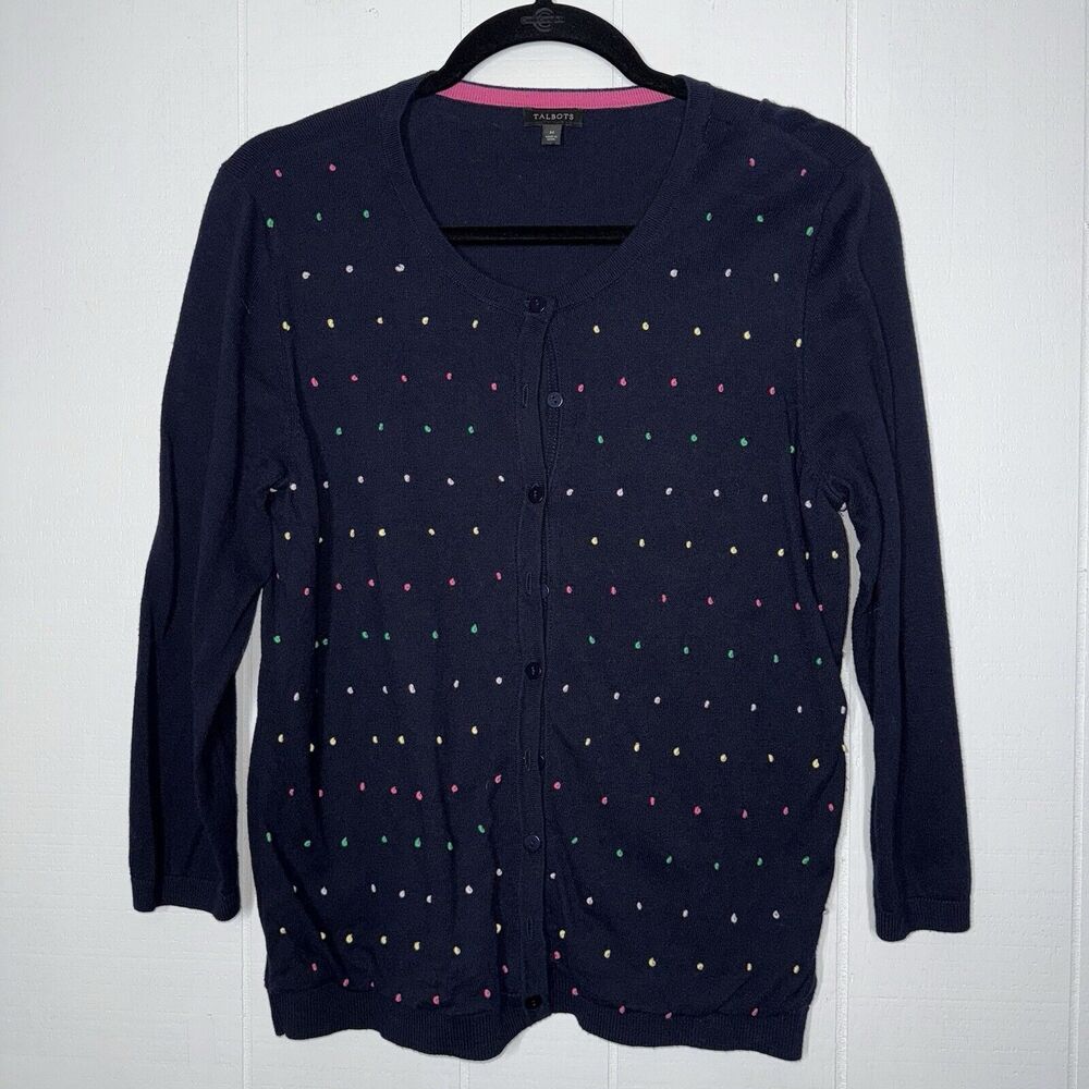 Talbots Women’s Charming Cardigan Embroidered Dot Navy Blue Size Medium
